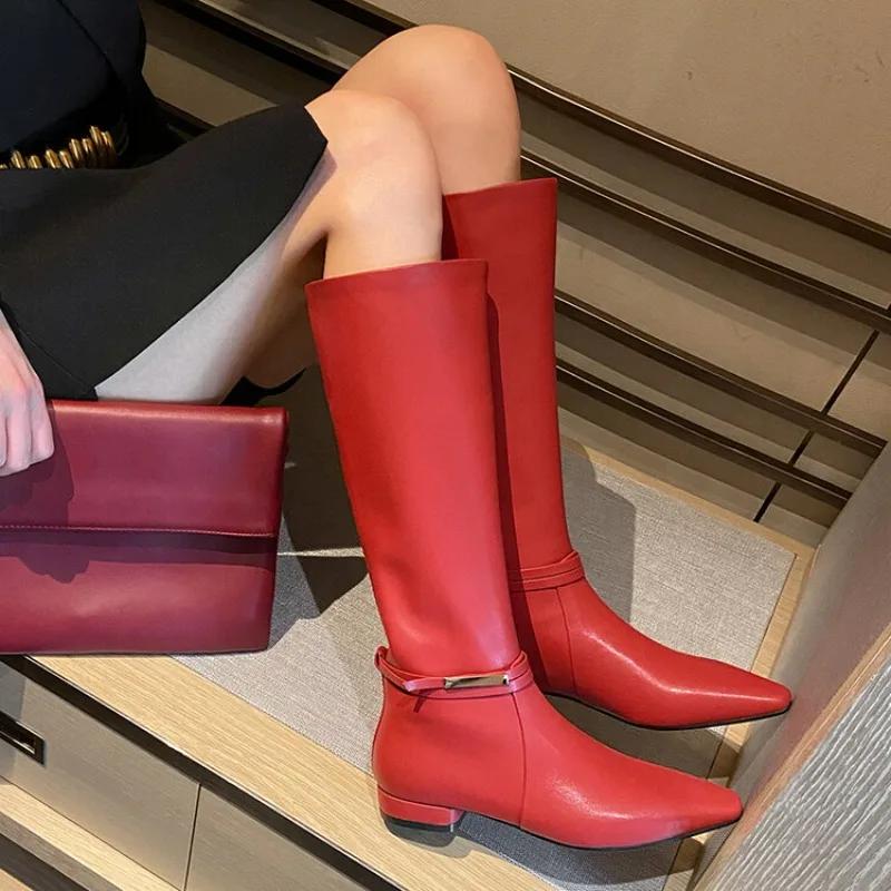 Fashion New Solid Color Cowhide 2.5cm Low Heel Knee High Boots Autumn Winter Fashion Warm Plush Red Black Spicy Girl Women Boots 34-43