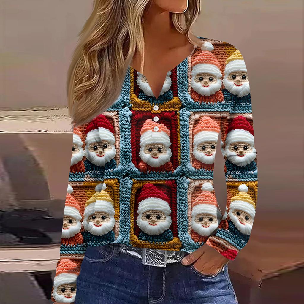 Женская модная повседневная футболка с V-образным вырезом, на пуговицах, с длинным рукавом, с рождественским принтом