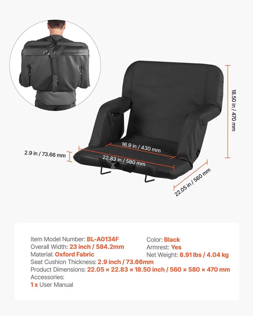 Stadium Seat, 6 Adjustable Angle Bleacher Chair, 73.66mm Cushion Stadium Seat with Back Support and Armrest, Wide Bleacher Chair with Hook Pocket