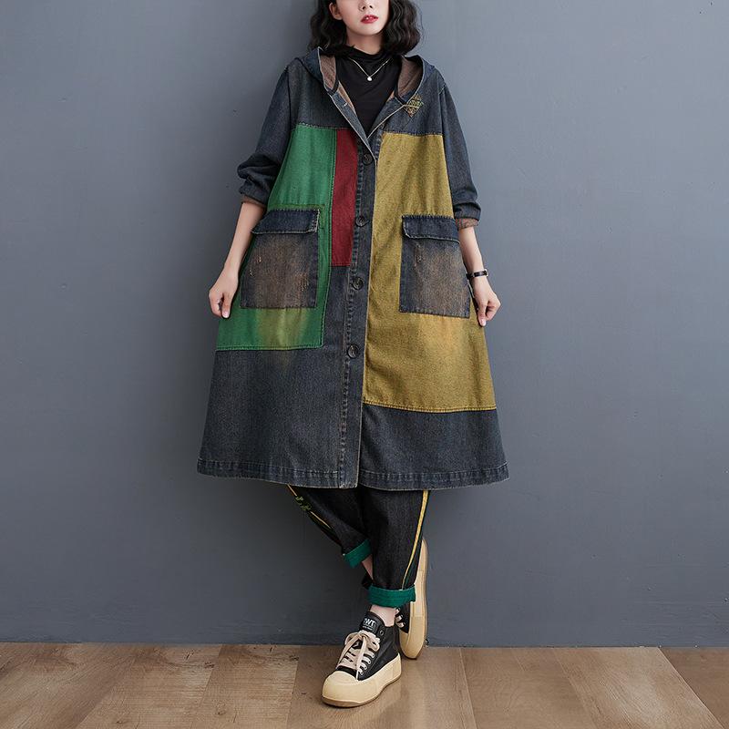 Women Modis Print Patchwork Ladies Windbreaks Oversized Autumn Denim Long Hoodies Trench Coat Casual Loose Woman Trench