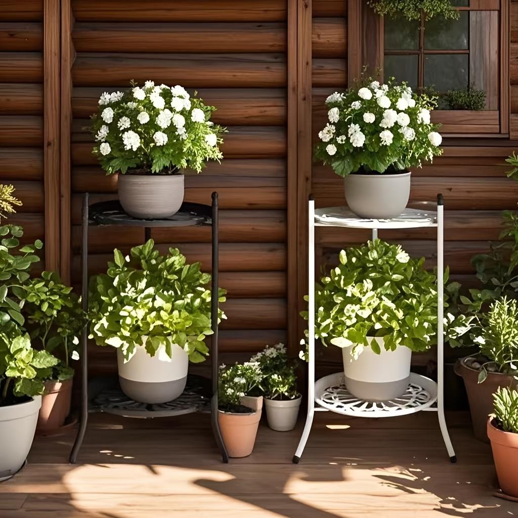 Металлическая подставка для растений в 2 яруса высотой 19,69 дюйма, многоцелевая стойка для демонстрации цветочных горшков для помещений/улицы, прочная, легкая сборка, современный стиль, черный/белый