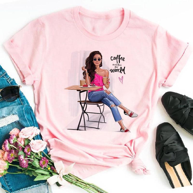 Летняя мода Coffee Girl Urban Base Shirt Круглый вырез Чистый хлопок Короткие рукава Женские футболки Женские