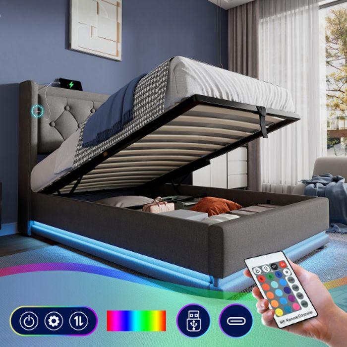 Lit double - MUVOE - 90x200 cm - Rembourré gris - Rangement hydraulique - USB Type-C