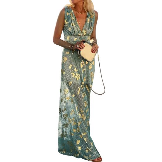 Party Dress Sleeveless High-waisted Quick Drying Stylish Summer Bronzing Pattern Gown Long Dress Female Clothing