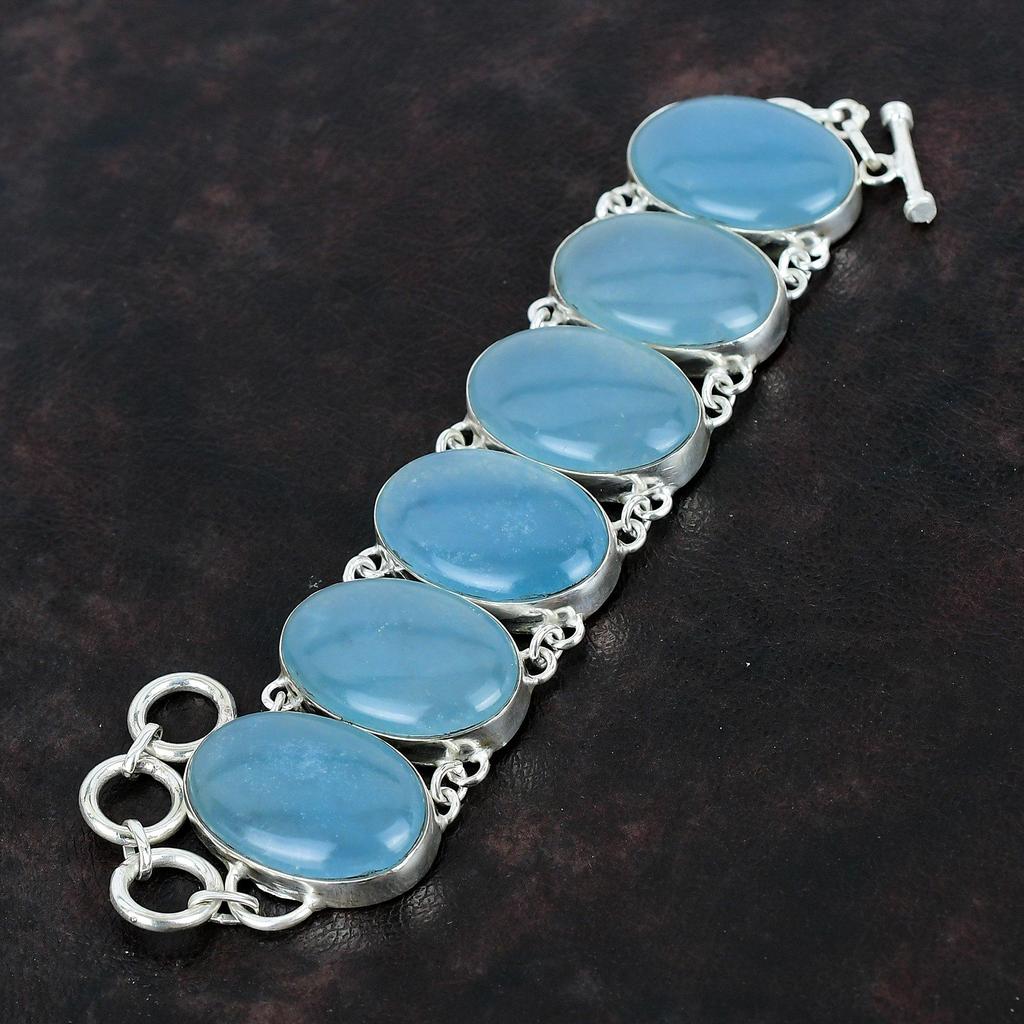 Браслет с аквамарином Оригинальный браслет ручной работы с драгоценными камнями Браслет из стерлингового серебра 925 пробы Регулируемый браслет-цепочка Ювелирные изделия с аквамарином для подарков