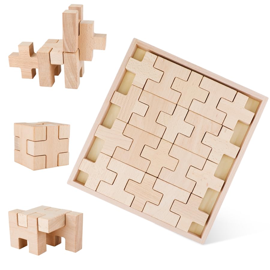FlyCreat 20-Piece Wooden Building Blocks, Educational Toys, Montessori Toys, Unpainted 3D Puzzle, Solid Wood, for Kids, Focus and Finger Development,