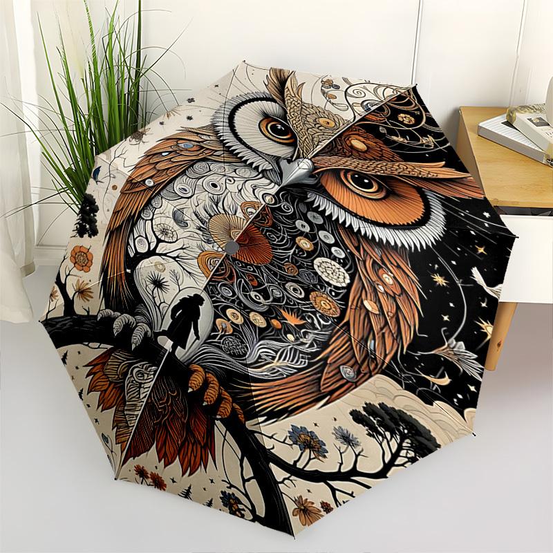 Owl, Fantasy Themed Automatic Opening and Closing Umbrella, Brightly Colored 8-rib Portable Umbrella, Suitable for Men and Women, A Perfect