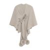 Women Cloak Shawl V-neck Solid Color Plush Ball Decor Cross Design Warm Versatile Knitting Shawl Daily Commuting Wear