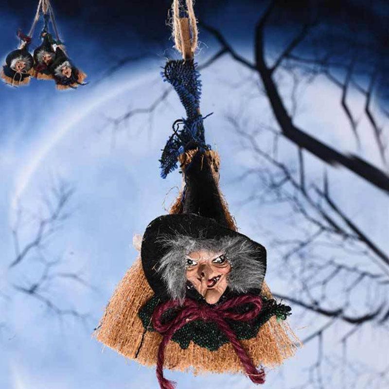 Halloween Witch Prop with Broom Witch Pendant Halloween Decor Spooky Halloween Witch Pendant Hanging Broom for Festive for A