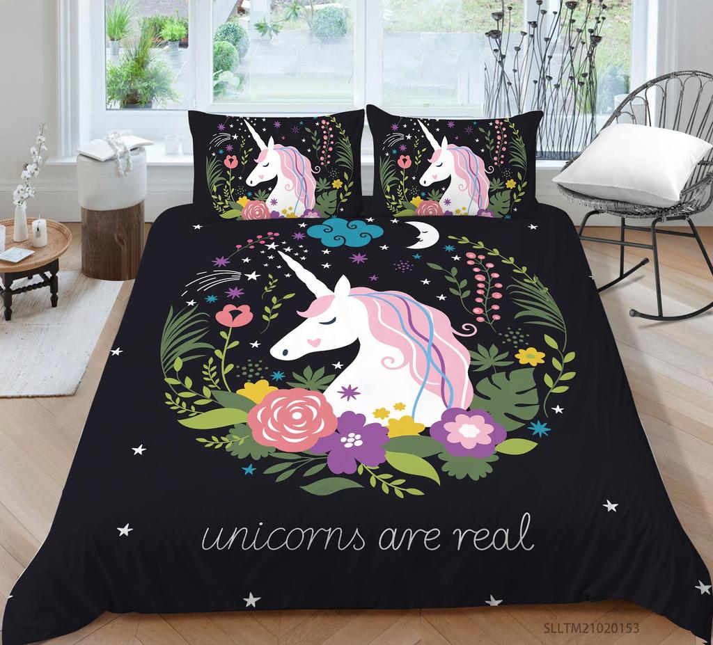 Unicorn Bedding Single Double Bed Full-size Cartoon Unicorn Printed Pillowcase and Quilt Cover 2 or 3 Home Decoration for Girls and Children's Room