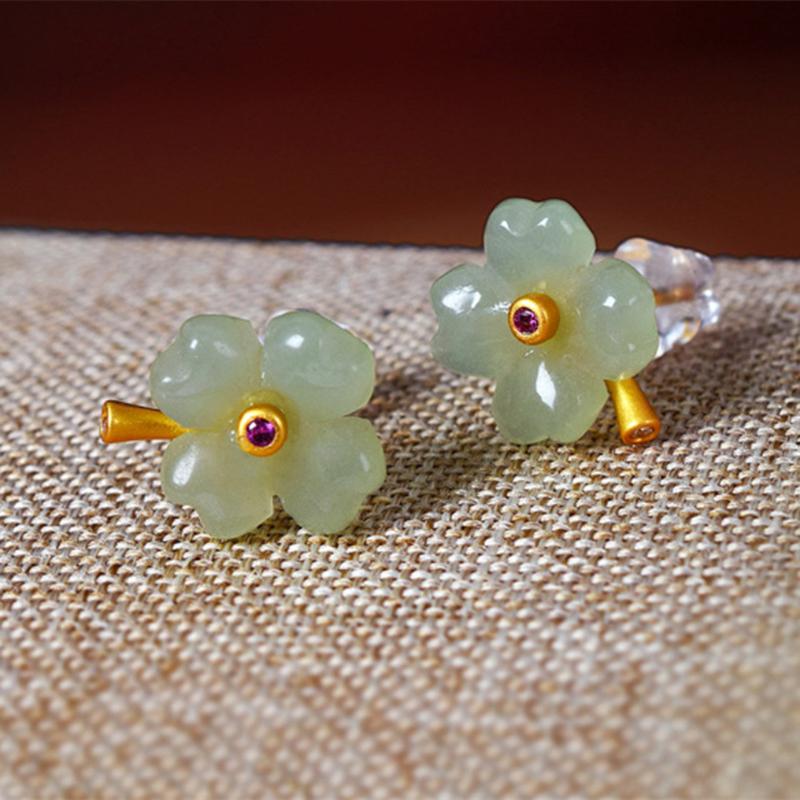 Серьги-гвоздики с четырьмя листочками клевера на удачу для девочек, серьги-гвоздики из нефрита в стиле ретро с нефритом, подарочные серьги-подвески