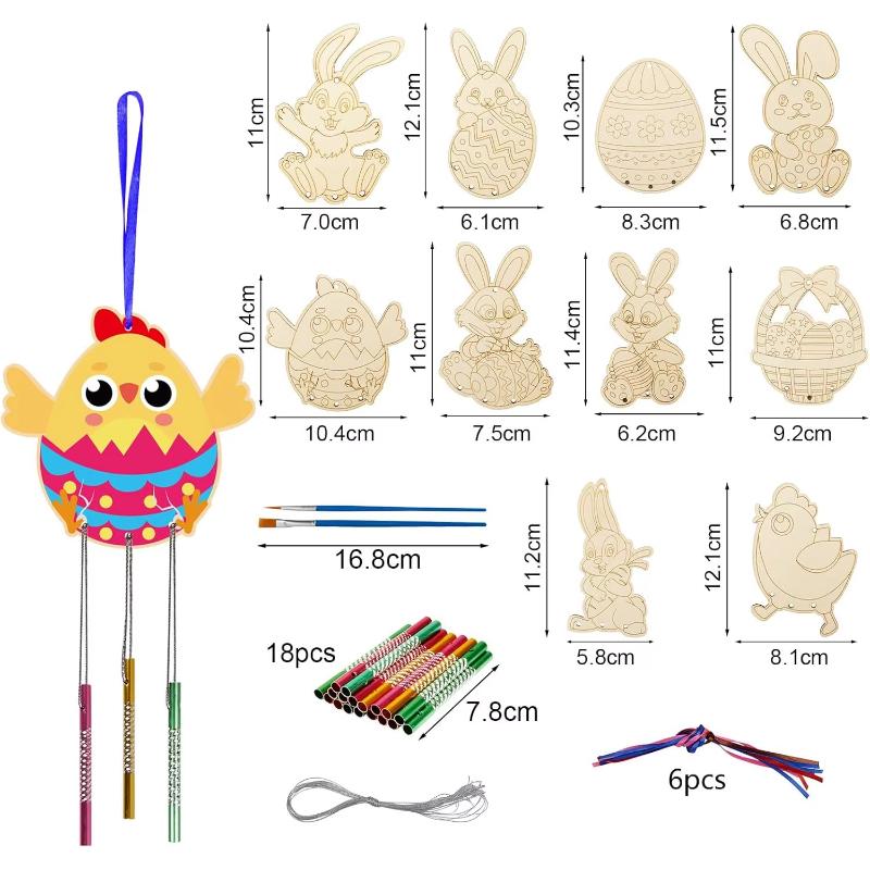 10-set Wooden Easter Wood Chip Wind Chime Set Easter Rabbit Handicrafts Easter Rabbit Wind Chime Handicrafts Paint Art Activity