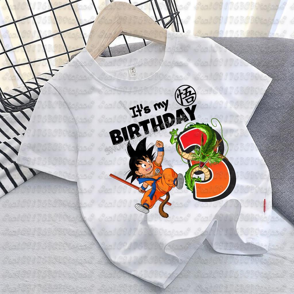 Dragon Ball Goku T-shirt Cotton for Children Birthday Figure Tee Top Boy Girl Clothes Anime Short Sleeve Kids White Loose Gift