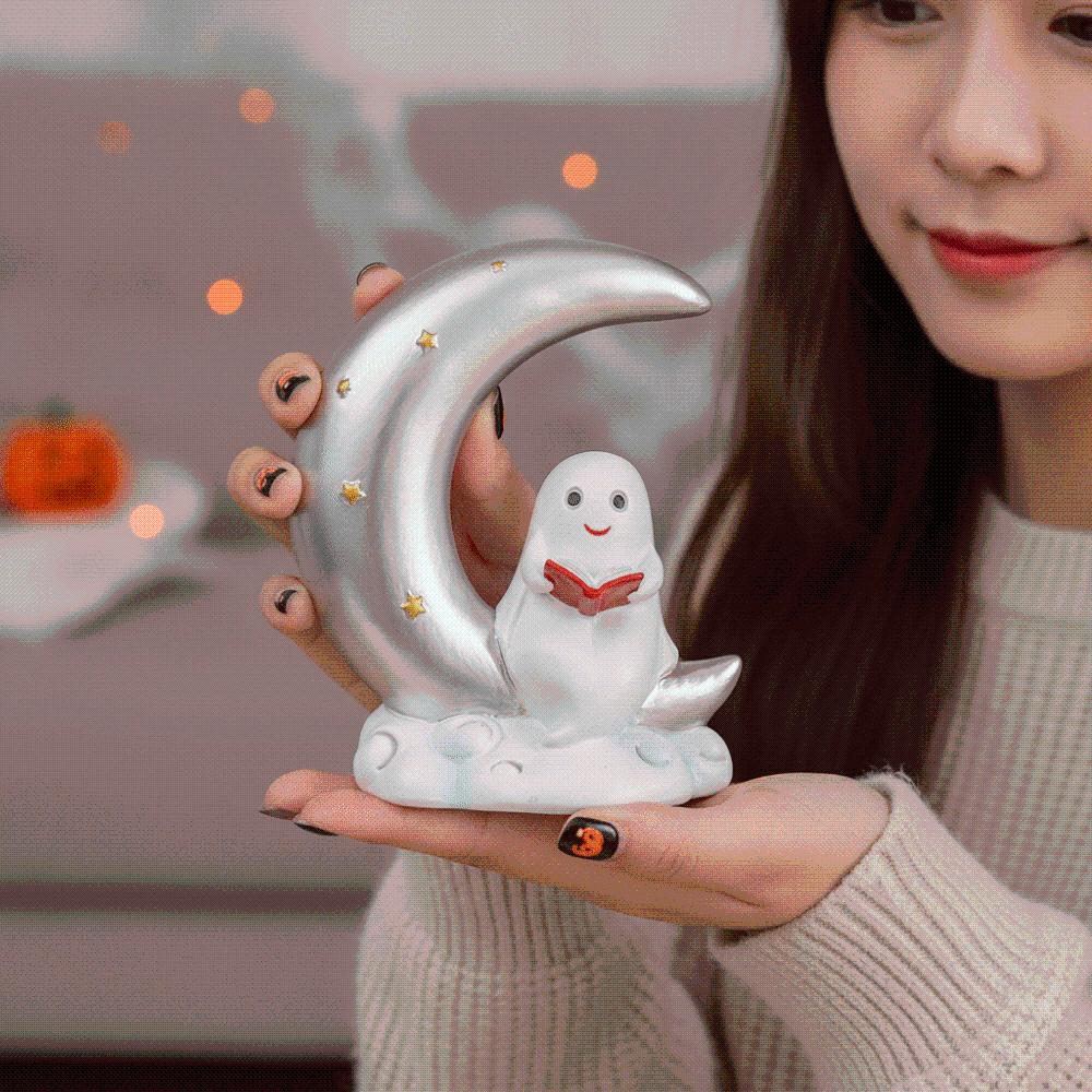 Compact Size Ghost Moon Table Decor Non Glowing Halloween Resin Ornament Book Lovers