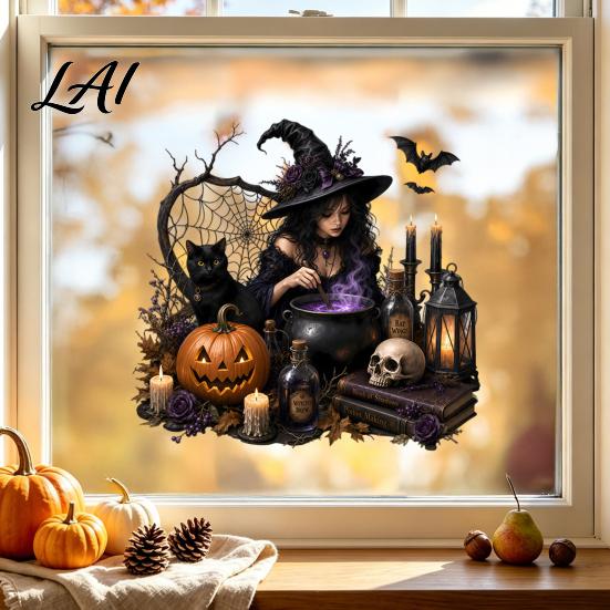 Static Cling Decals Halloween Witch/Black Cat Glass Stickers Double-sided PVC Waterproof Window Clings Removable Shop Display Stickers with Pumpkins