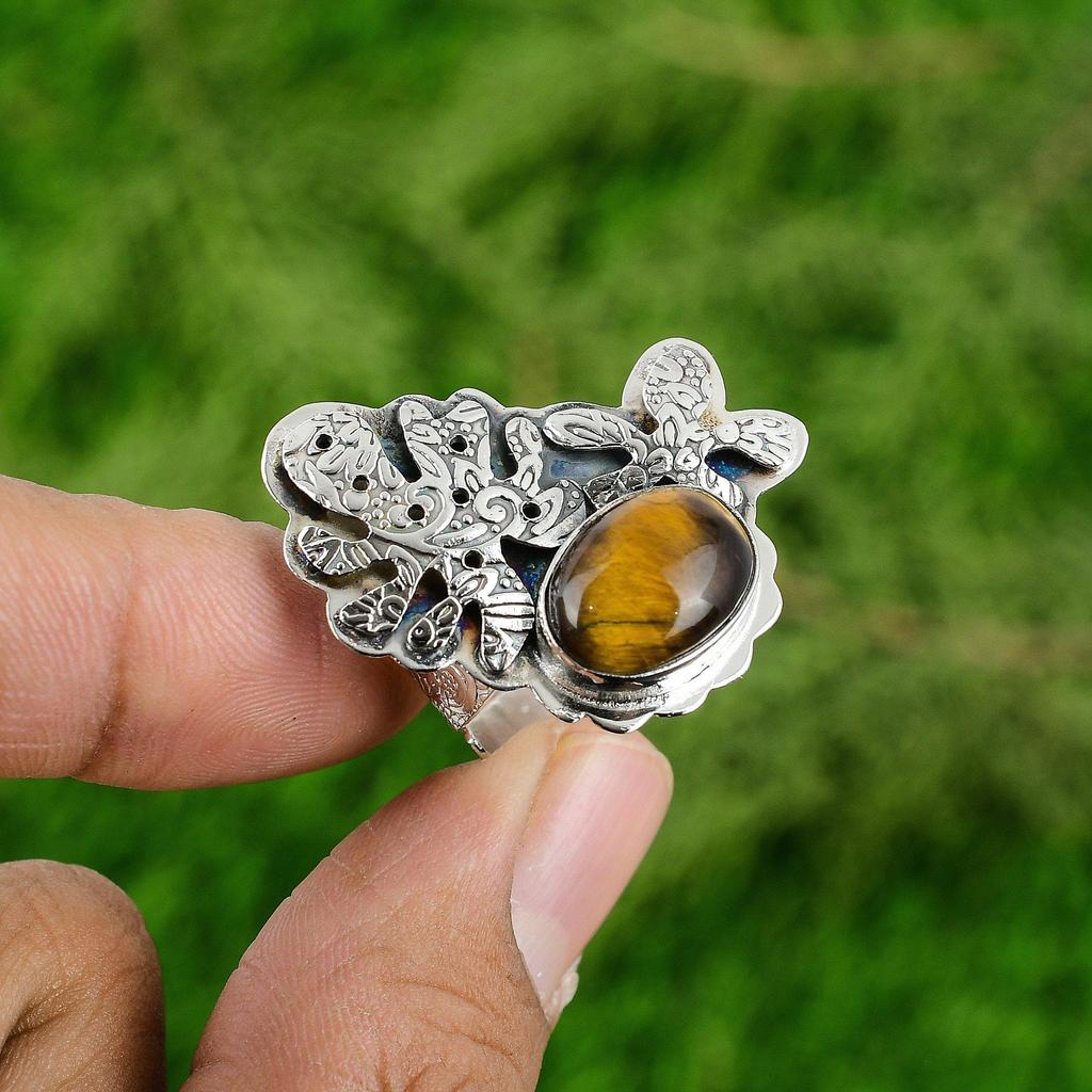 Gift For Her 925 Silver Natural TigerS Eye Gemstone Solitaire Adjustable Ring