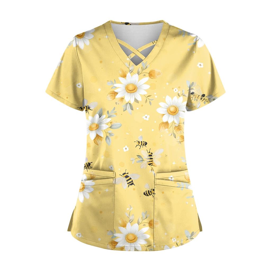 Women's Short Sleeve Stagger V Neck Print Pocket Dry-nurse Top