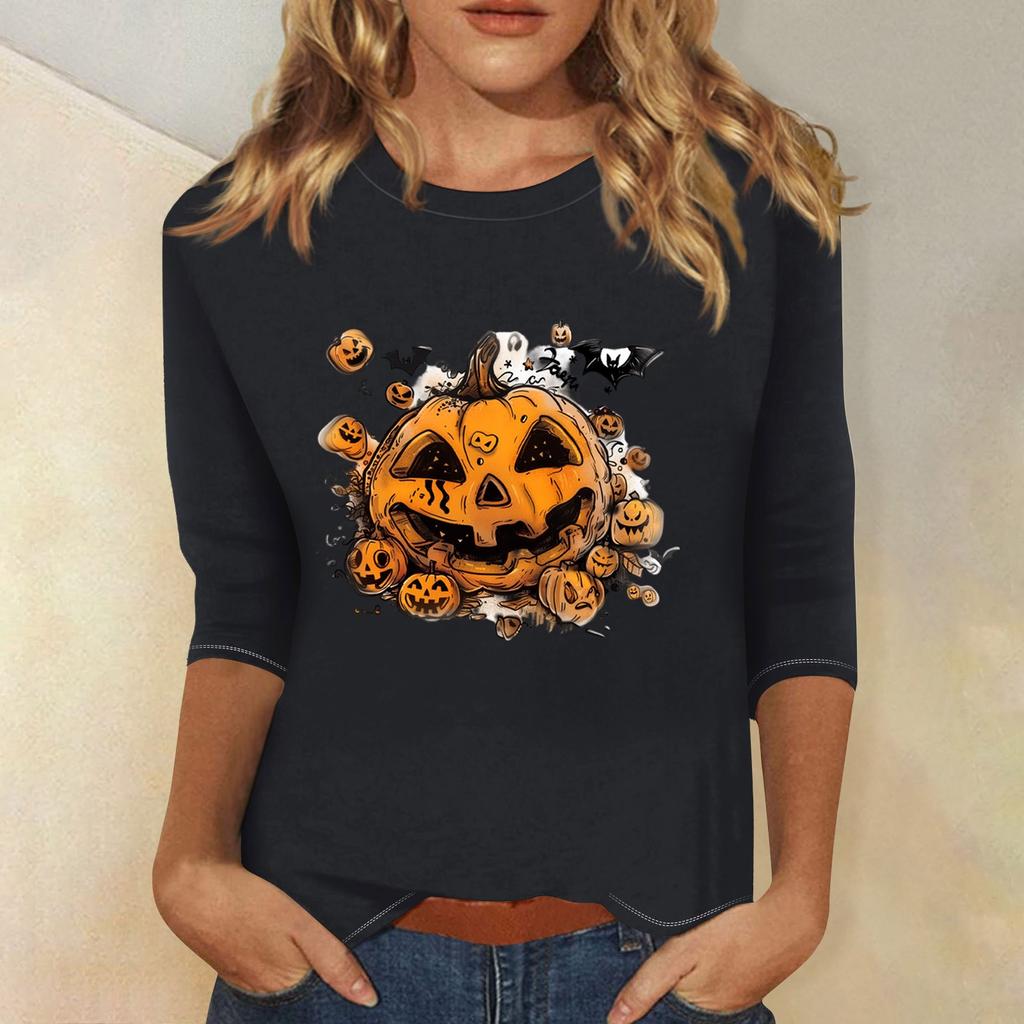 Women's Fashion Casual Three-quarter Sleeve Halloween Printed Round Neck Top