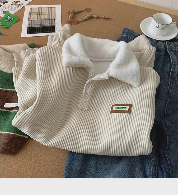 Мужская вельветовая толстовка с воротником-поло, осенне-зимний стиль, плюс бархатная утолщенная куртка из овечьей шерсти для подростков в гонконгском стиле