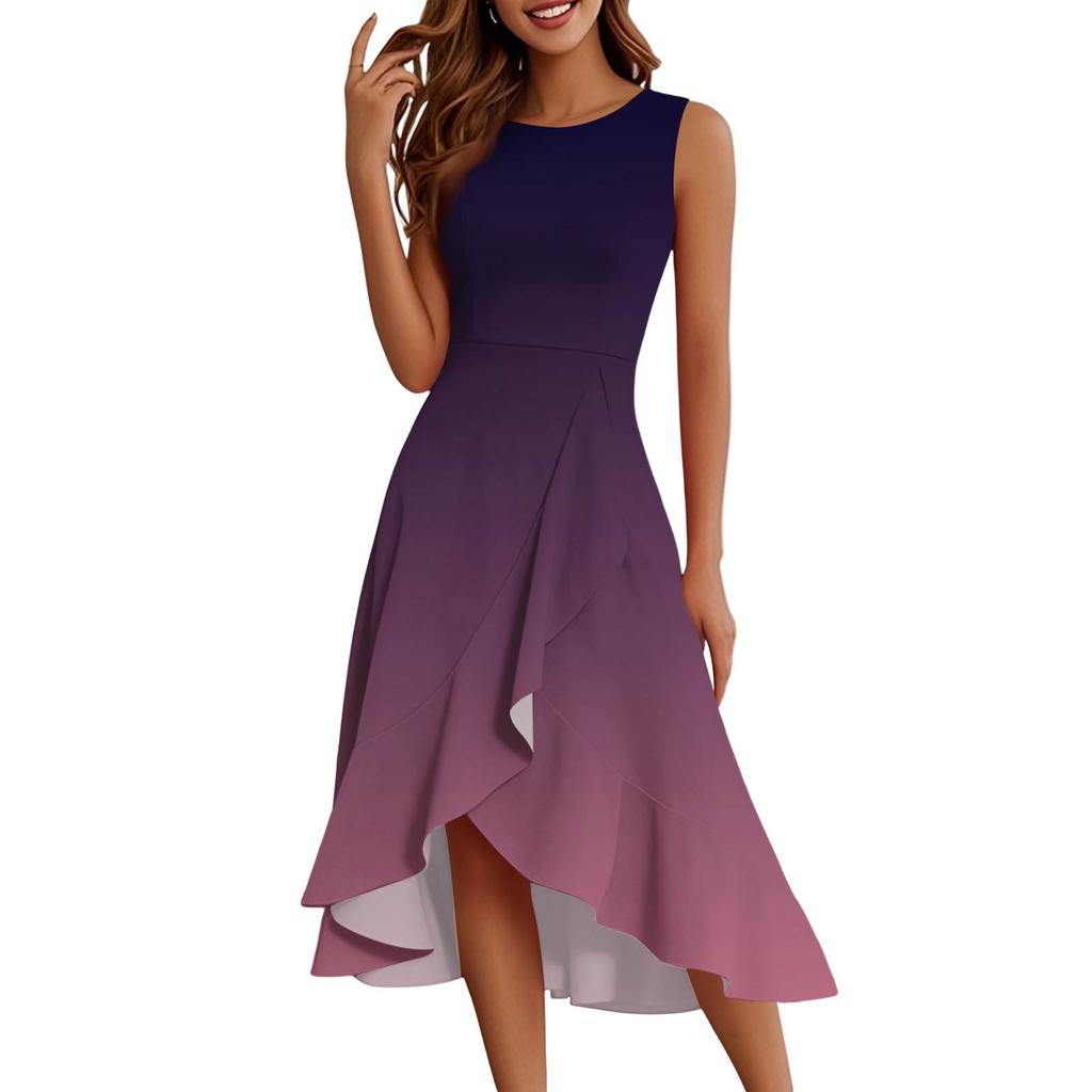 Женские модные повседневные платья без рукавов с круглым вырезом и принтом, элегантные, темпераментные, с оборками