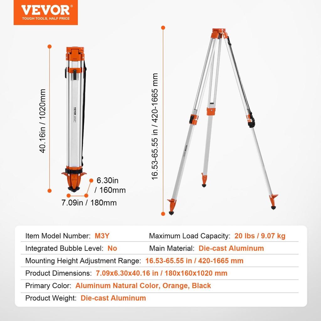 Laser Level Tripod Stand 5/8"-11 Thread 16.53-65.55 in Height Adjustment