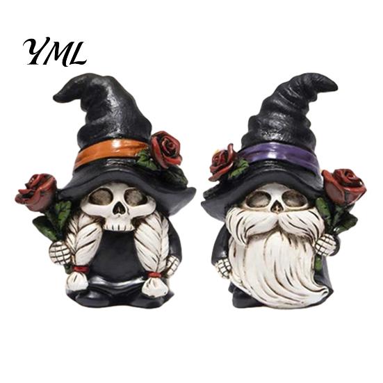 Spooky Shelf Decoration Halloween Skeleton Gnome Figurine, Gothic Witch Hat Dwarf Statue, Figurine Holding Rose Sculpture for Party Decor