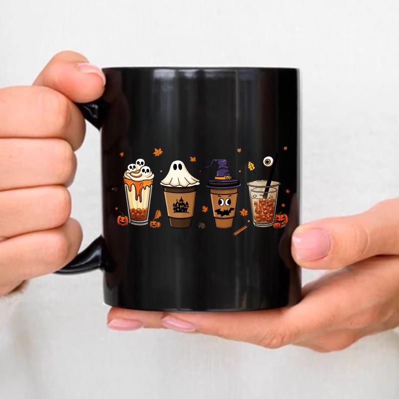 Halloween coffee mugs, black horror drinks and ghost designs, perfect for fall parties and coffee lovers