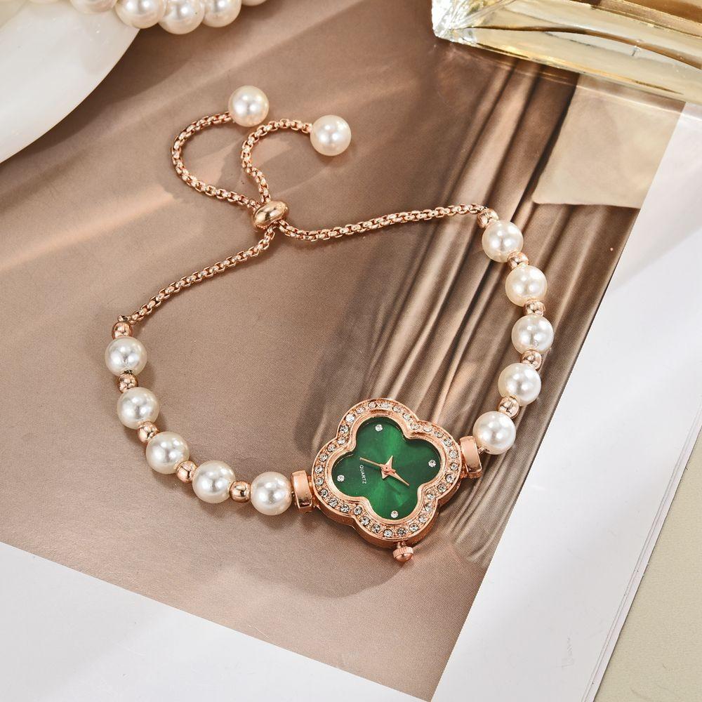 Clover Inlaid with Diamonds, Elegant Dial Decoration, Pearl Pull-out Bracelet, Quartz Watch, the Best Gift for Girls