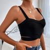 Women Summer Solid Color Hollow Out Casual Bare Midriff Vest Crop Top