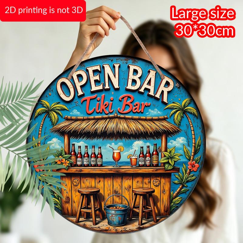 2D Flat - 1pc Vintage Tropical Beach Tiki Bar Metal Aluminum Sign, Aluminum Wall Art with Palm Trees, Cocktails & "Open Bar" Text - Vibrant Coastal