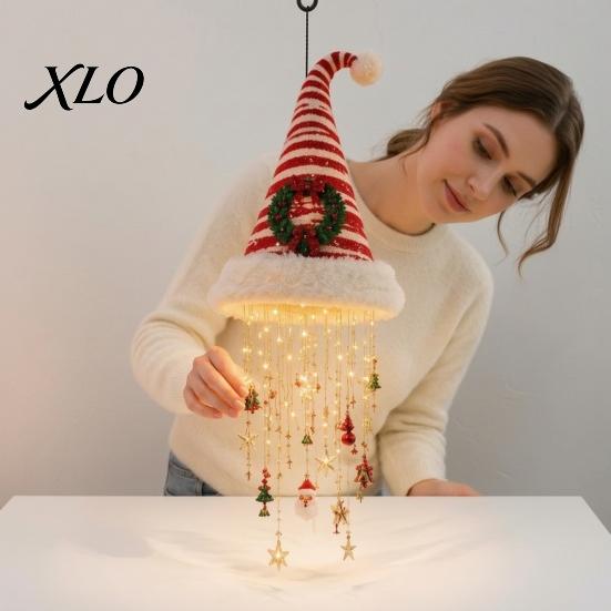Indoor Covered Patio Holiday Decor Lighted Santa Hat Hanging Chandelier, Warm LED Christmas String, Sequined Cone Pendant with String Lights for Home