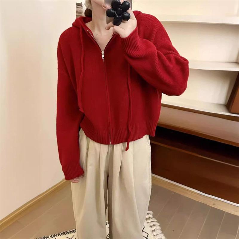 Однотонный вязаный кардиган с капюшоном на двойной молнии, женский осенне-зимний, новый, свободный, повседневный, простой свитер-куртка