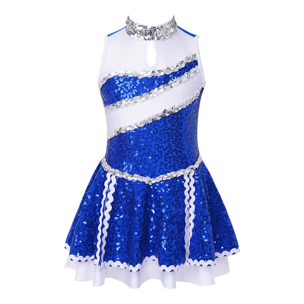 Girls Cheerleading Dress Sleeveless Round Collar Shiny Sequins Patchwork Design with Hidden Back Zipper Dance Costume