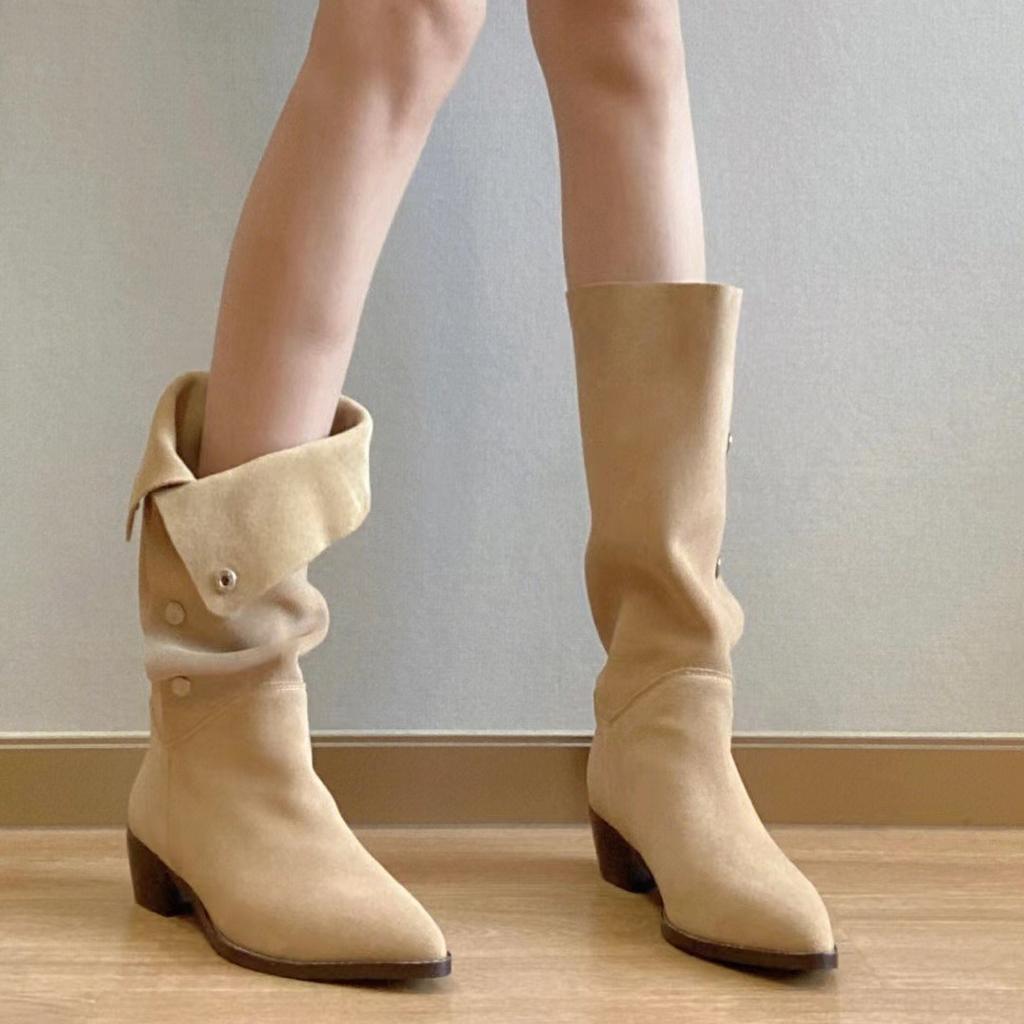 One Shoe, Two Wear Retro Pleated Boots, Matte Stacking Boots, Women's Thick Heel Temperament, Pointed Button Medium Boots