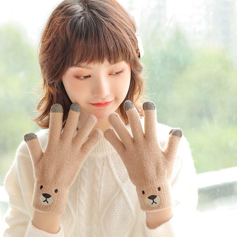 Women Five-finger Bear Embroidery Driving Gloves Gloves Female Gloves Wool Mittens