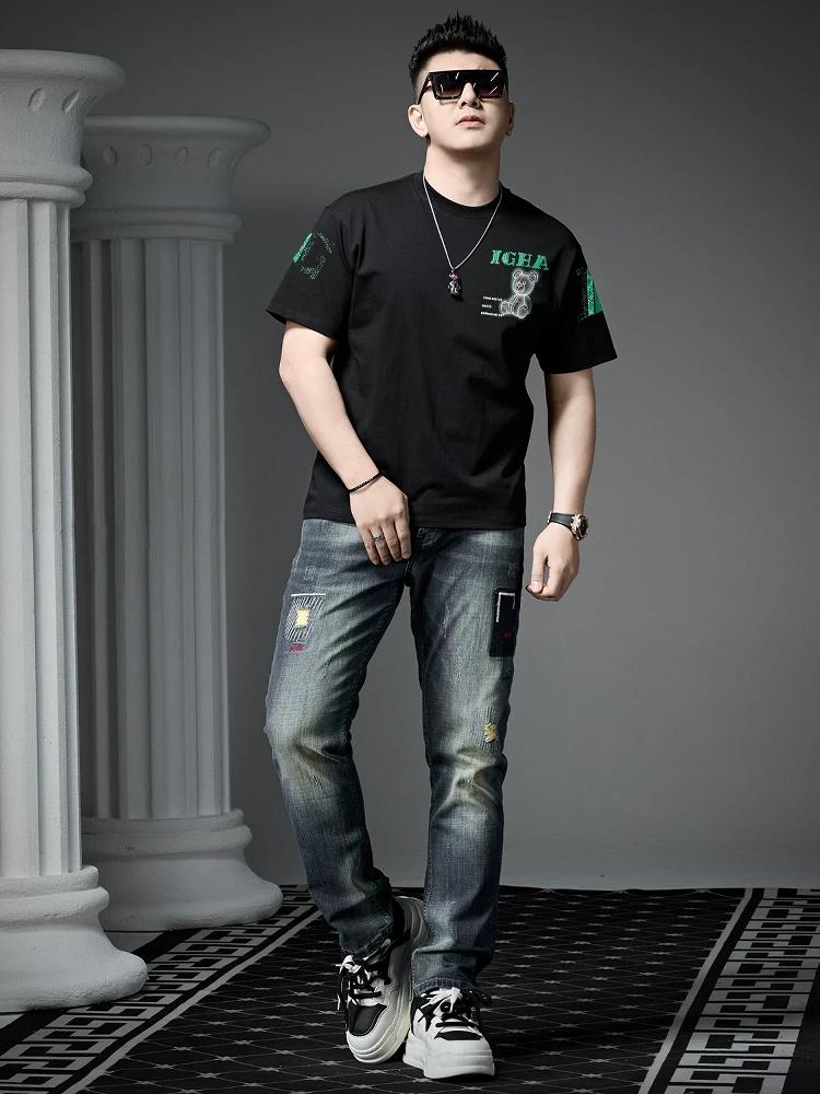 Ozhouzhan Summer New Men's Bear Hot Drilling Print round Neck Short sleeve T-shirt Fashion Brand Top Half Sleeve T-shirt