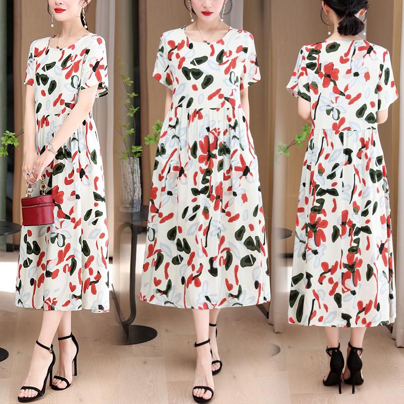 Elegant Long Dresses Women Summer Casual Short Sleeve Vintage Dress Korean Style O-Neck Female Clothing