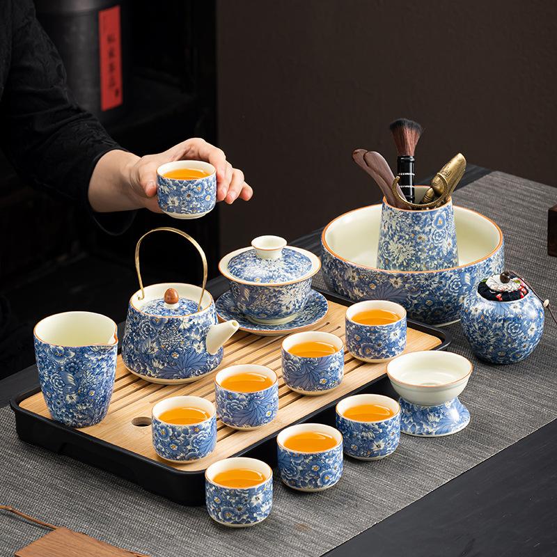 Premium Flowering Ru Kiln Kung Fu Tea Set Simple Brewing Tea Gaiwan Household Teapot Company Gift