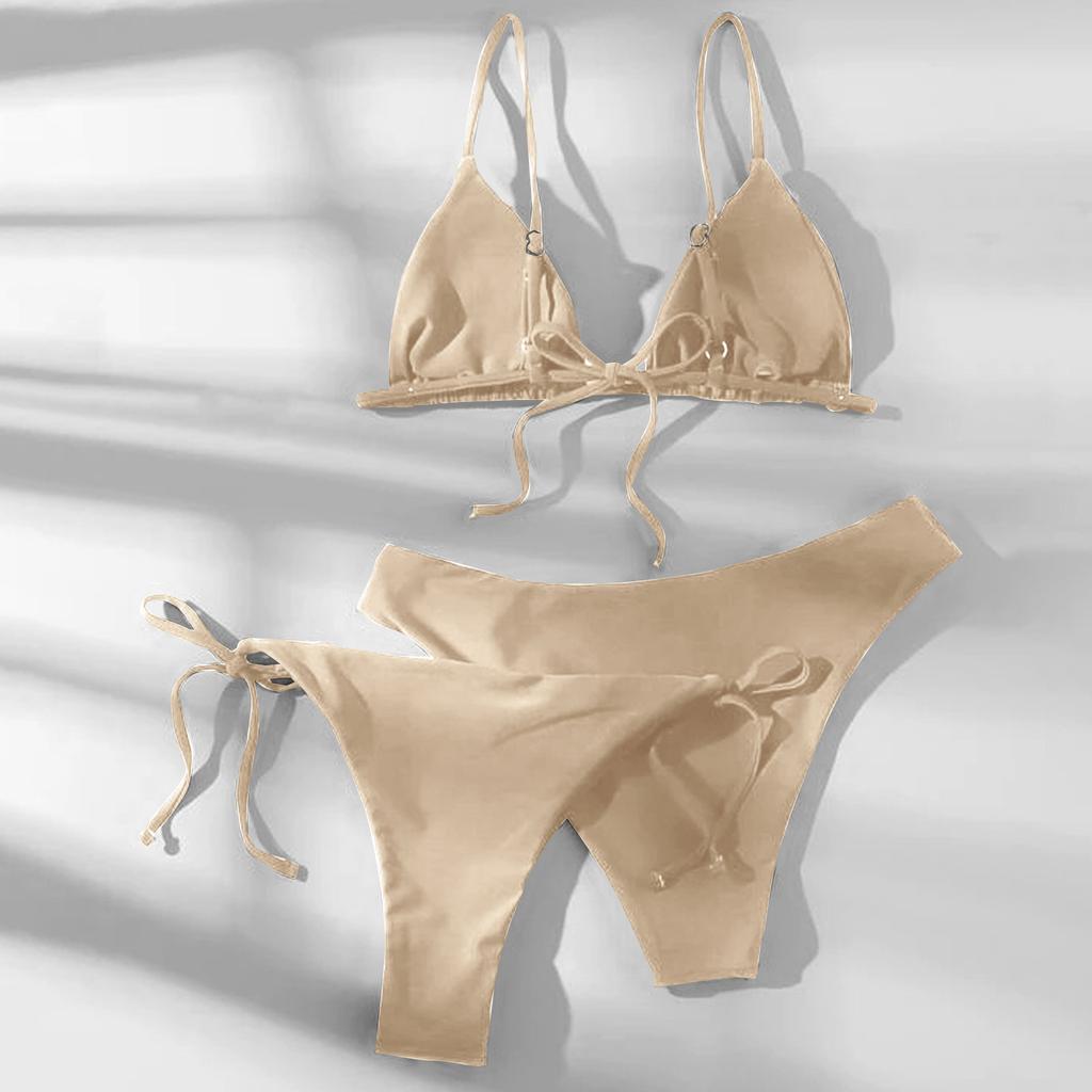 Women's Summer Fashion Sexy Solid Color Backless Lace-up  Waist Adjust Buckle Sling  Bikini Three-pieces Swimsuit