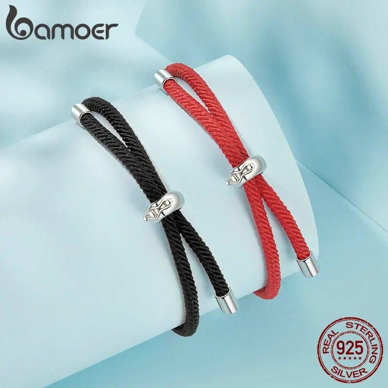 BAMOER ручной работы из стерлингового серебра 925 пробы, красные подвески на удачу, браслет для женщин и мужчин, красный, черный, регулируемая веревка, ювелирные изделия