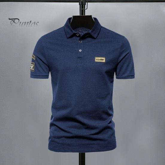 Летний мужской топ с отложным воротником и коротким рукавом, приталенный значок с буквенным принтом, лоскутная пуговица, сплошной цвет, повседневная, повседневная, официальная рубашка в деловом стиле