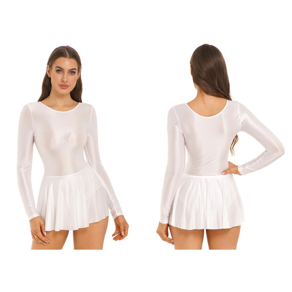 Женские глянцевые платья, танцевальное трико, платье с рюшами и длинными рукавами, спортивная одежда