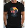 Men's Summer 100 Cotton Fashionable Casual Loose Fit Plus Size Sunset Coconut Tree Print Round Neck Short Sleeved T-shirt Top
