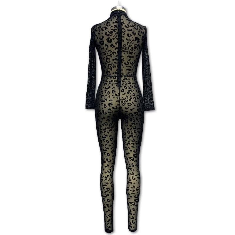 Tooxika New Women's Jumpsuit Slim Fit Long Sleeve Sexy Flocking See-through Slimming Jumpsuit
