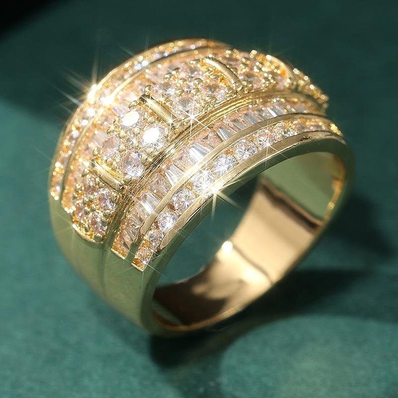 Exquisite Gold Color Inlaid White CZ Women's Ring Geometry Design Daily Wear Party Jewelry