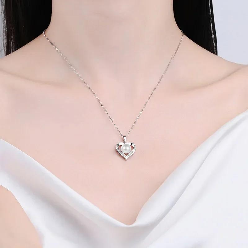 Girl Adult's Day White Gold 18K Necklaces 0.96CT Moissanite Diamond 9mm Pearl Heart Pendant Women Platinum Birthday Gift