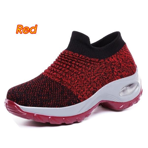 Женские модные кроссовки без шнуровки на танкетке с толстой подошвой, вязаная обувь с дышащей сеткой, удобная легкая нескользящая прогулочная обувь, размер 34-43