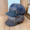 French retro plaid woolen octagonal hat women's autumn and winter leather brim newsboy hat shows a small face, daily matching hat