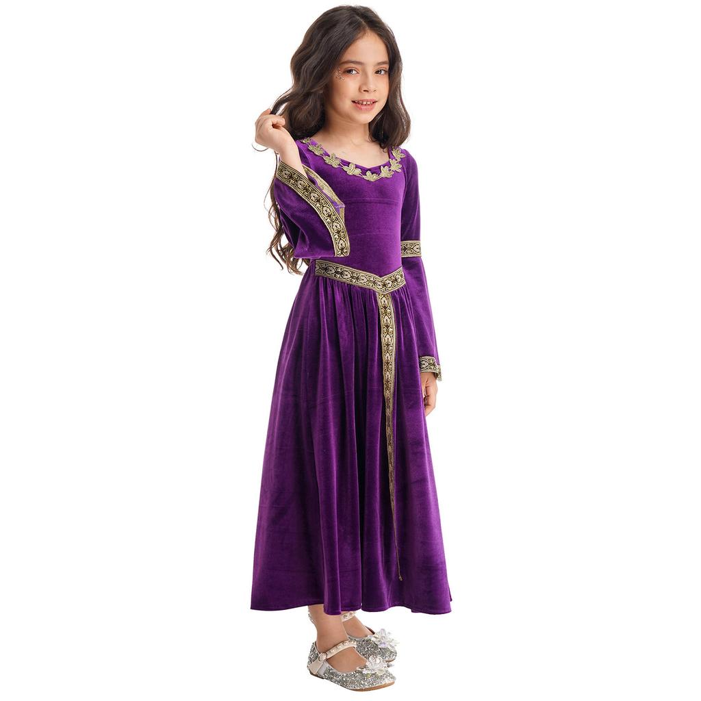 Kids Girls Stylish Medieval Princess Long Flare Sleeve Vintage Pattern Dress