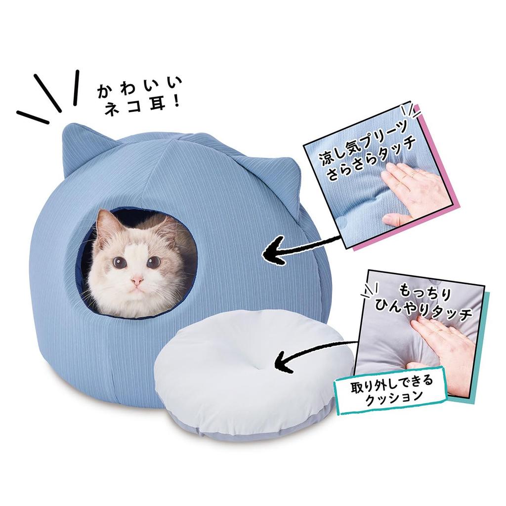 Petio Охлаждающая и расслабляющая кошачья лежанка с подушкой и куполом с кошачьими ушками, прохладный синий HNA,
